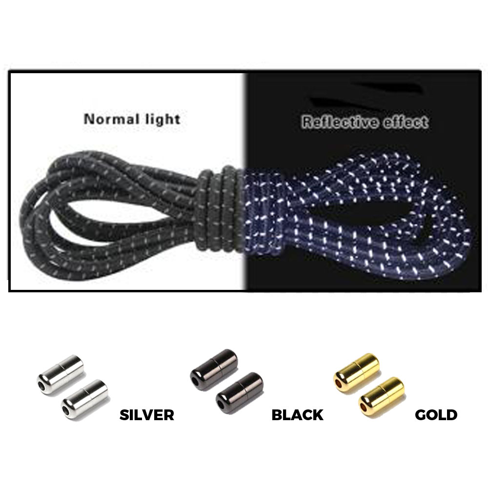 Black Grey Capsule Lock Round Reflective Elastic Shoelace
