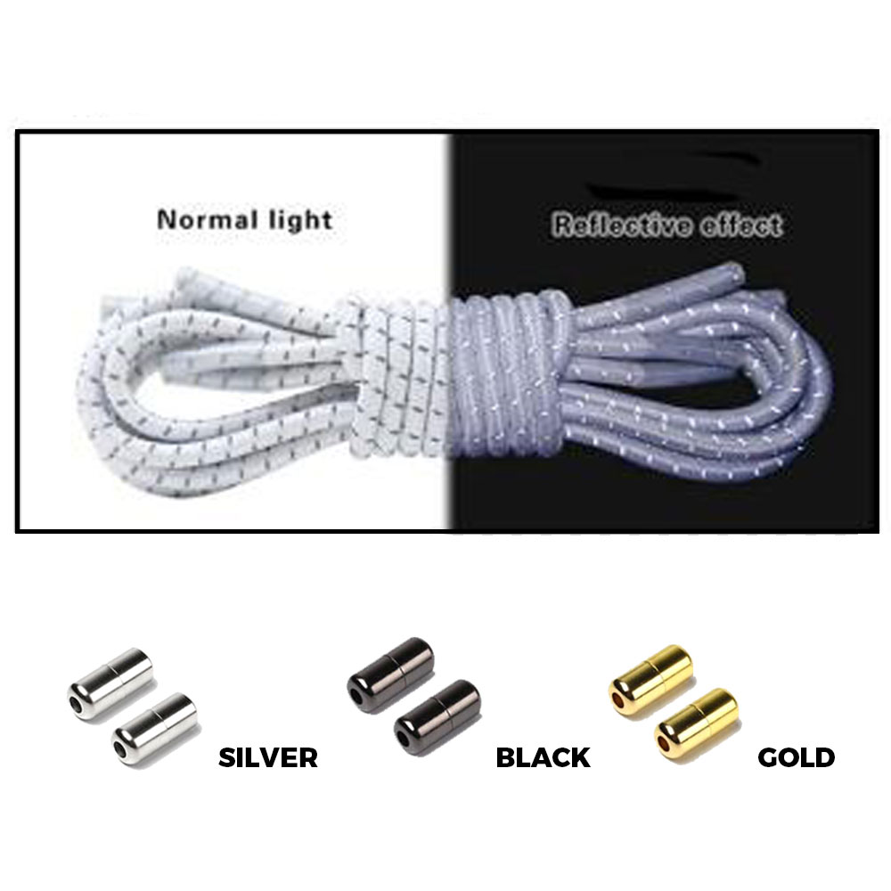 White Grey Capsule Lock Round Reflective Elastic Shoelace