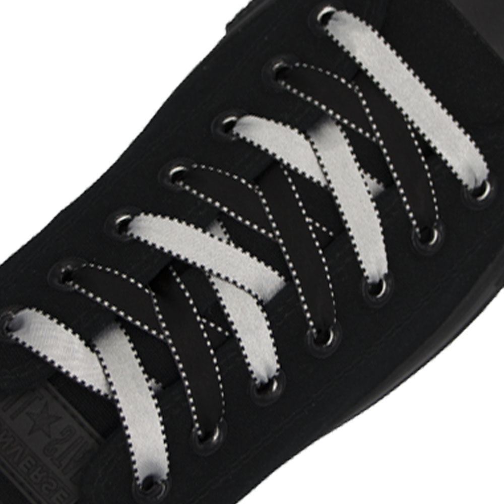 Satin Ribbon Shoelaces - Black Silver 1cm Width