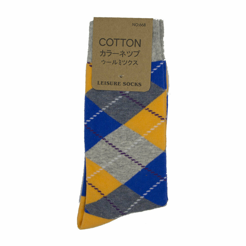 Grey Blue Orange Plaid Crew Socks