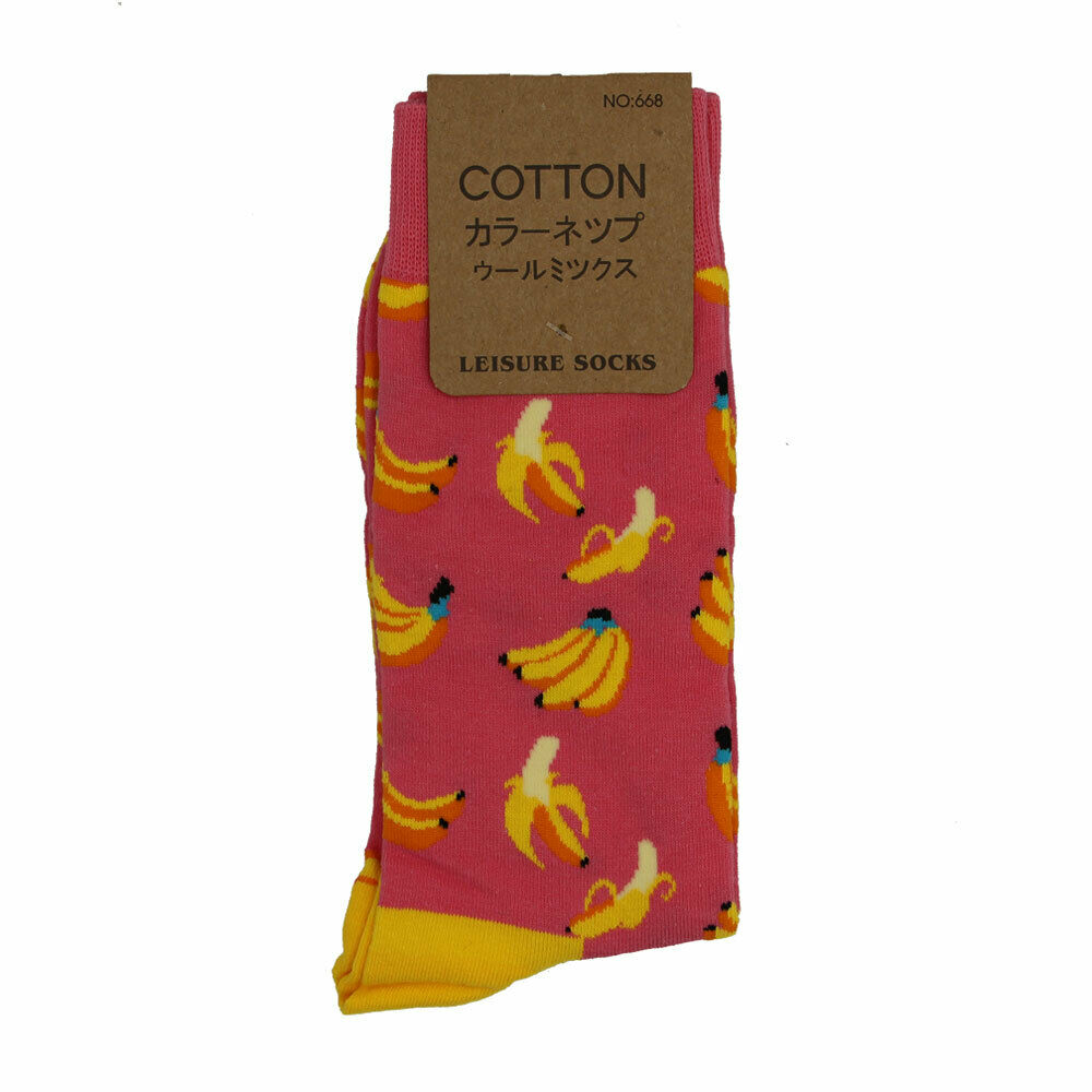 Pink Yellow Banana Crew Socks