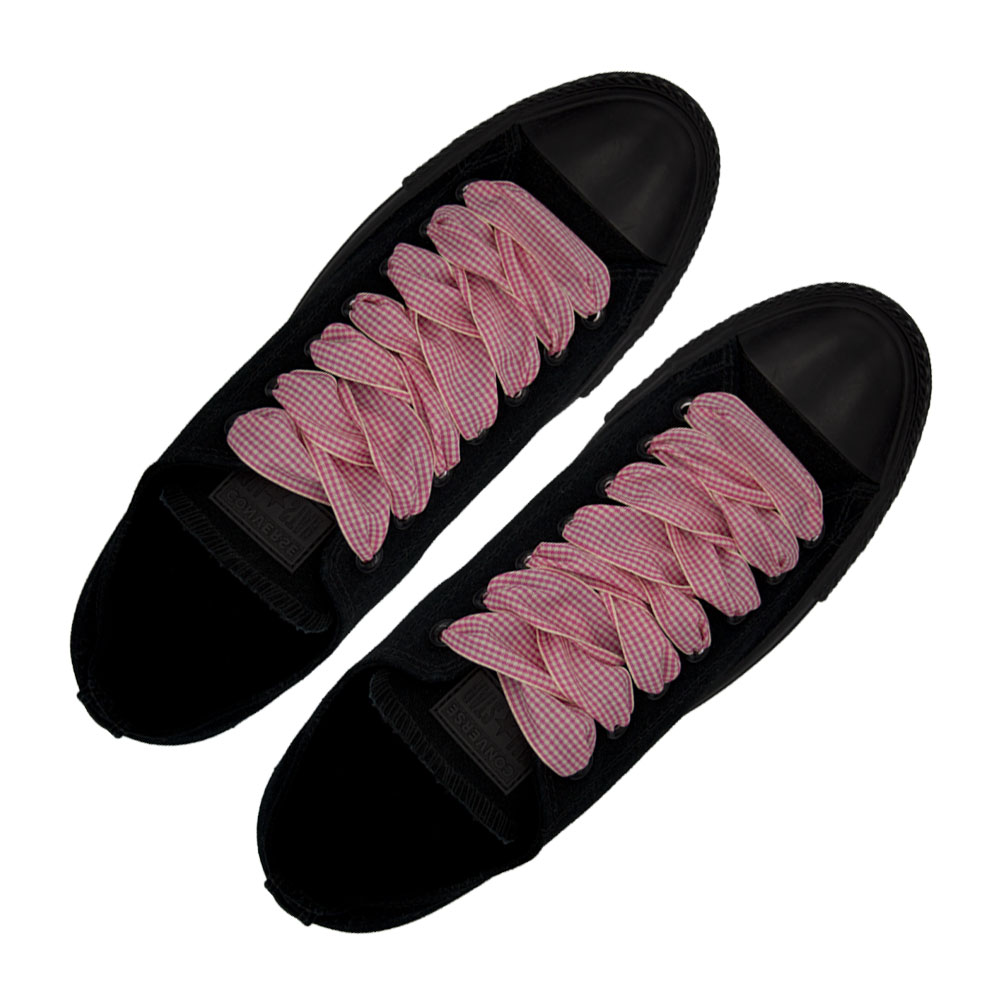 Plaid Shoelace Checkered Small - Pink Flat Length 120cm Width 2.5cm