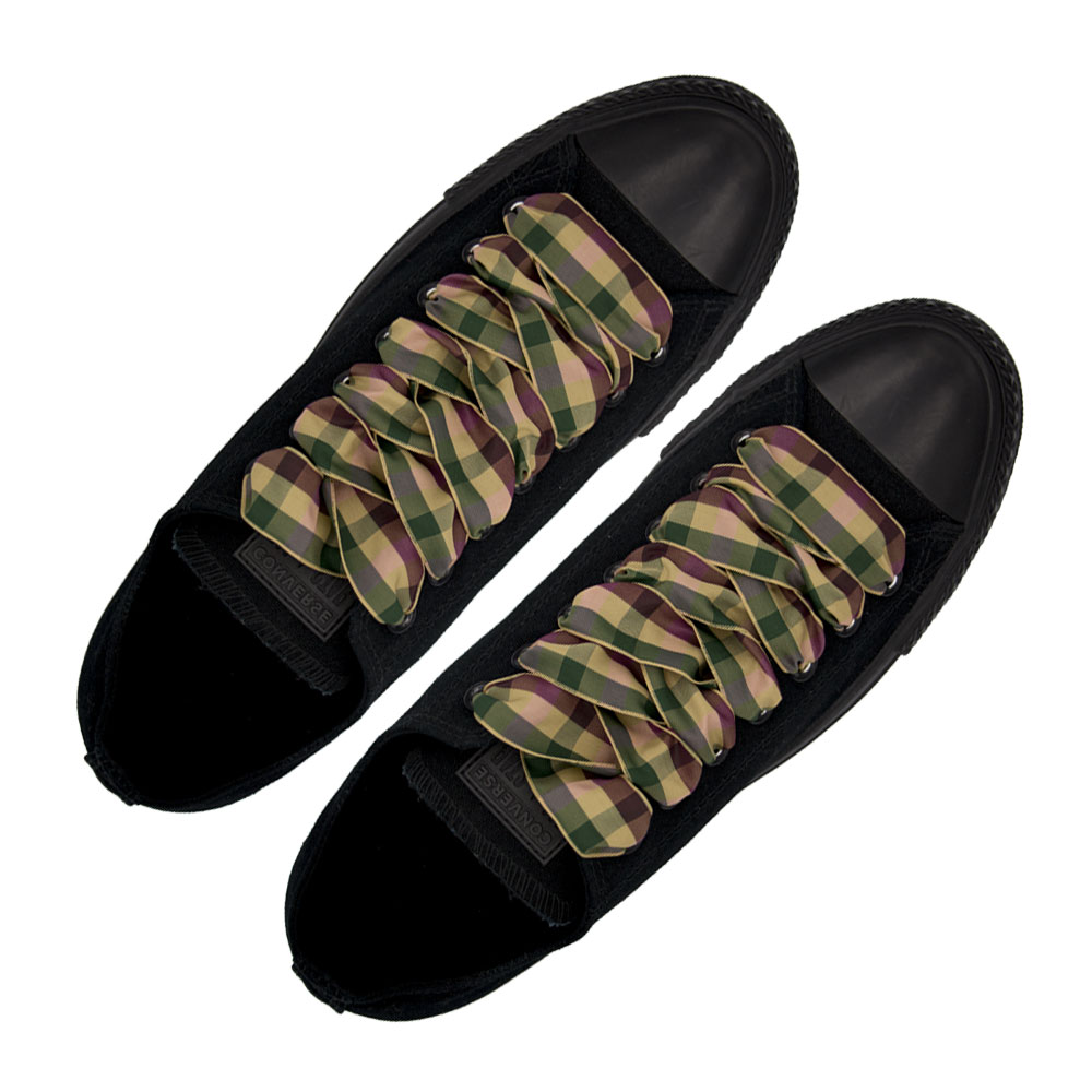 Plaid Shoelace Stripe - Light Brown Green Maroon Flat Length 120cm Width 2.5cm