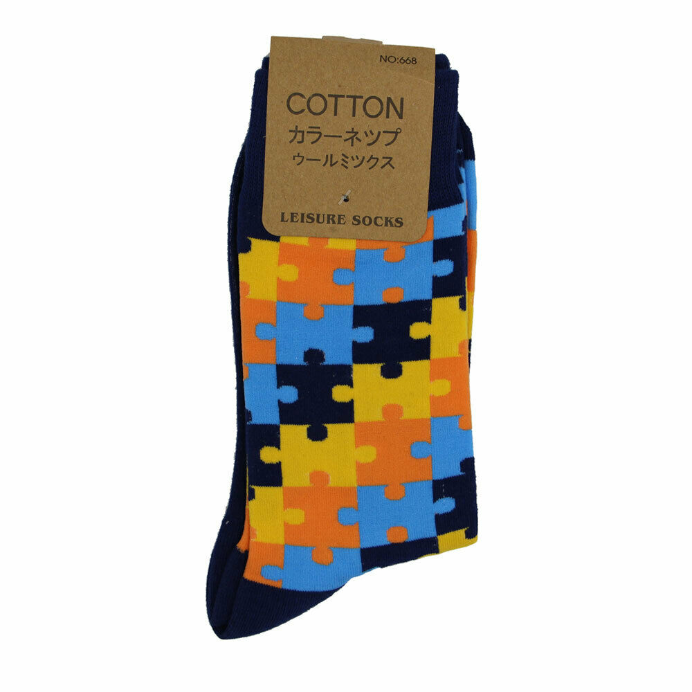Yellow Blue Orange Puzzle Crew Socks
